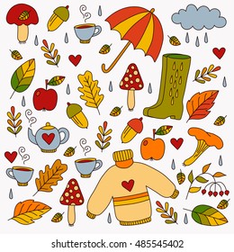 Hand drawn with different fall autumn symbols vector set. Colorful cute illustration mushrooms apple umbrella acorn leafs cup of tea and other elements