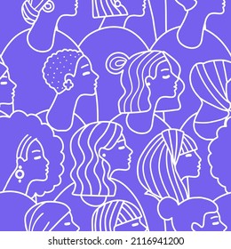 Hand drawn different female faces seamless pattern. Trendy woman face doodle texture with abstract line shapes, minimal girl face. Vector stylized monoline illustration.