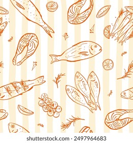 Hand drawn different fish seamless pattern