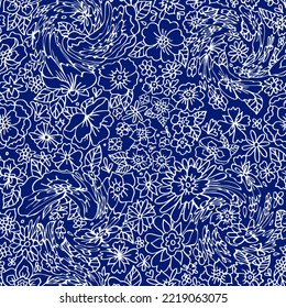 La mano dibujó diferentes flores de jardín. Dibujo de contorno. Flores grandes y pequeñas en flor. Patrón veraniego sin costuras. Dibujo de línea. Dibujo de esquema. Motivo de verano.