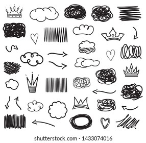 Hand drawn different geometric shapes and signs on white. Black and white illustration
