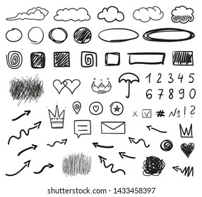 Hand drawn different geometric shapes and signs on white. Black and white illustration