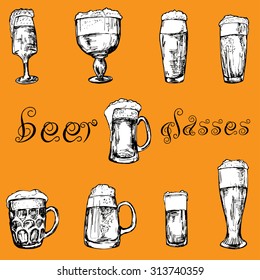 Hand drawn different glasses of beer