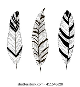 hand drawn different graphic illustration silhouettes of feathers sketch isolated on white background bohemian style