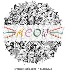 Hand Drawn with different Heads Cats in the circle