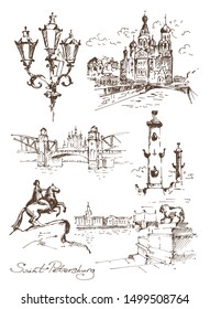 Hand drawn different landmarks of Saint Petersburg. Church of the Savior on Blood, the Rostral Columns, the Admiralty embankment, Peter the Great Bridge and The Bronze Horseman.