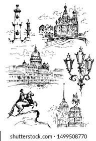 Hand drawn different landmarks of Saint Petersburg. Church of the Savior on Blood, Rostral Columns, The Bronze Horseman, Admiralty building, St. Isaac's Cathedral and vintage street lamp.