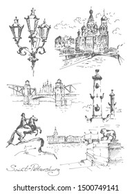 Hand drawn different landmarks of Saint Petersburg. Church of the Savior on Blood, the Rostral Columns, the Admiralty embankment, Peter the Great Bridge and The Bronze Horseman.
