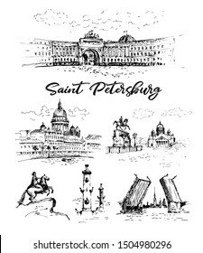 Hand drawn different landmarks of Saint Petersburg. Sketches on white background.