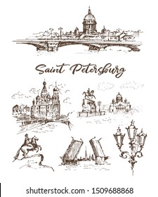 Hand drawn different landmarks of Saint Petersburg. Sketches on white background.