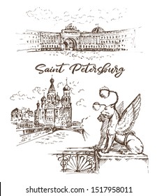 Hand drawn different landmarks of Saint Petersburg. Sketches on white background.