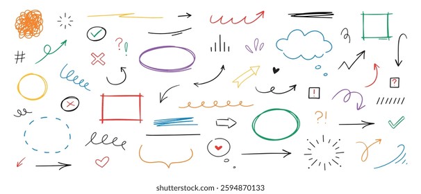 Hand drawn different line elements. Doodle sketch style arrows, scribbles, stars, speech bubbles and underlines. Vector grunge element set. 