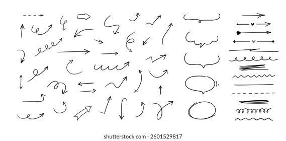 Hand drawn different line elements. Doodle sketch style arrows, scribbles, speech bubbles and underlines. Vector grunge element set on white background.
