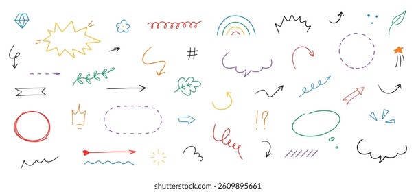 Hand drawn different line elements. Doodle sketch style arrows, scribbles, stars, speech bubbles and underlines. Vector grunge colored element set. 