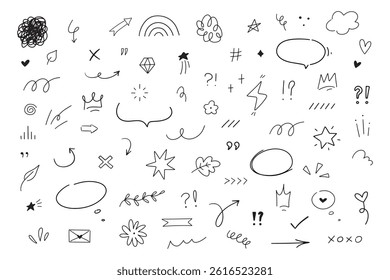 Hand drawn different line elements. Doodle sketch style arrows, scribbles, stars, speech bubbles and underlines. Vector grunge element set. 