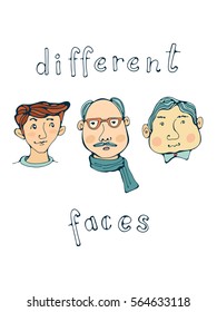 Hand drawn different male faces collection. Illustration in vector format