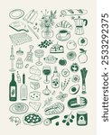 Hand drawn different mediterranean food set. Vector illustration