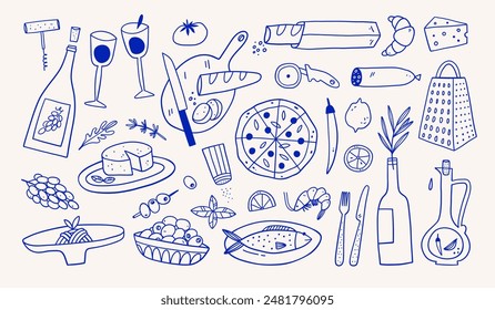 Conjunto de comida mediterránea dibujado a mano. Ilustración vectorial