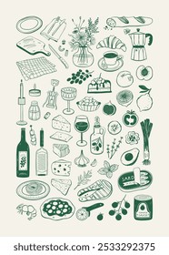 Hand drawn different mediterranean food set. Vector illustration