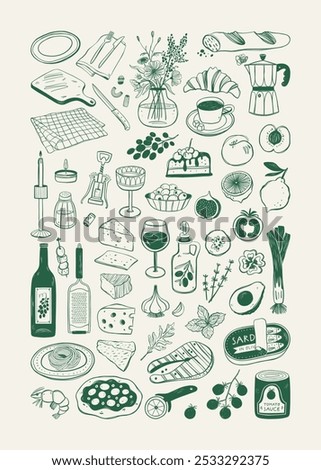 Hand drawn different mediterranean food set. Vector illustration