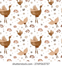 Hand drawn different plants and flowers, cute birds on white background, seamless pattern. Vector illustration with birds, flowers, leaves, berries, floral pattern for fabric, gift wrap, card.