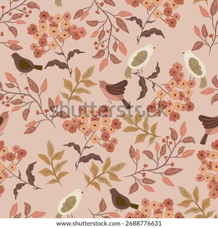 Hand drawn different plants and flowers,  cute birds on pink background, seamless pattern. Vector illusatrtion with birds, flowers, leaves, berries, floral pattern for fabric, gift wrap, card.