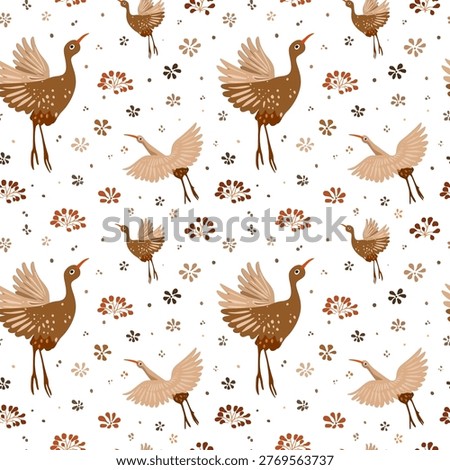 Hand drawn different plants and flowers, cute birds on white background, seamless pattern. Vector illustration with birds, flowers, leaves, berries, floral pattern for fabric, gift wrap, card.