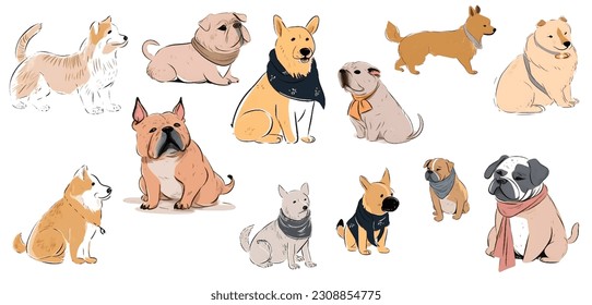 Dibujar a mano diferentes poses perro vector fondo blanco aislado