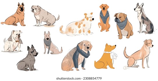 Hand drawn different poses of dogs vector isolated white background. for fashion book and textile print concept.