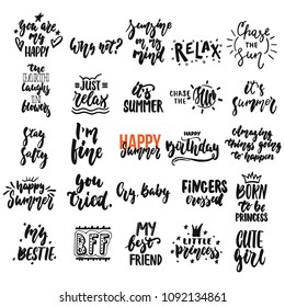 Hand drawn different quotes set of lettering phrases isolated on the white background. Fun brush ink vector illustration for banners, greeting card, photo overlays.