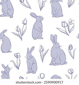 Hand drawn different rabbits and tulips on white background seamless pattern