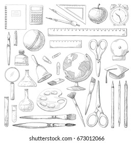 Hand drawn different school supplies isolated on white background. Vector illustration of a sketch style.
