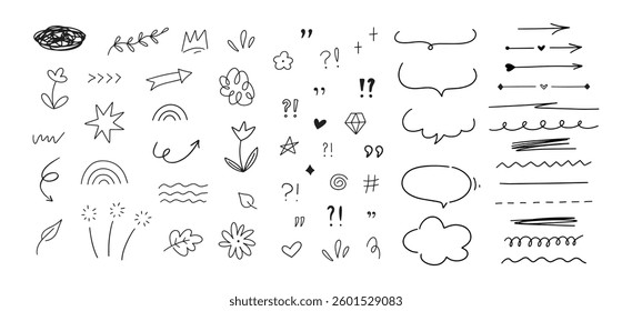 Hand drawn different simple line elements. Doodle sketch style arrows, scribbles, stars, speech bubbles and underlines. Vector grunge element set on white background.