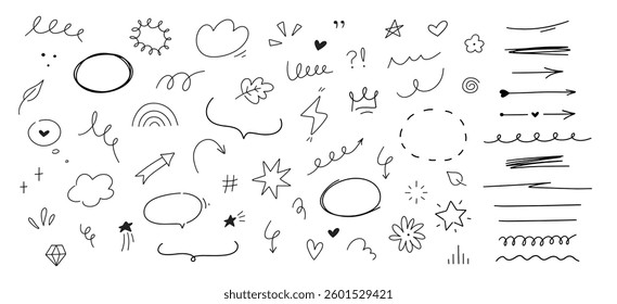 Hand drawn different simple line elements. Doodle sketch style arrows, scribbles, stars, speech bubbles and underlines. Vector grunge element set on white background.
