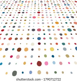 Hand drawn different sized colorful dots in loose grid network, distorted onto 3D plane