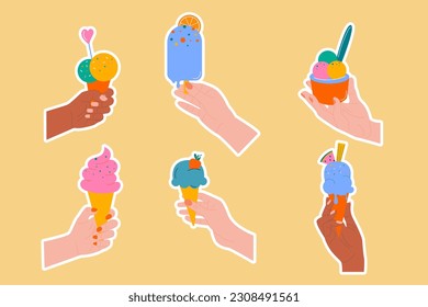 Hand drawn different stickers ice creams in hands flat design. 