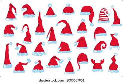 hand drawn different styles various shapes santas hats set, vector illustration graphic