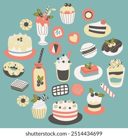 Mão desenhado diferentes doces conjunto. Muffin, coquetel, macaroon, cupcake e doces 