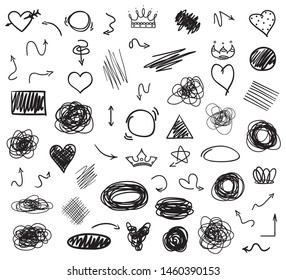 Hand drawn different tangled signs and shapes on white. Background with array of lines. Chaotic symbols. Art creation. Black and white illustration. Doodles for your design