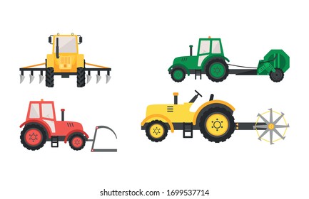 Hand drawn different types of agricultural machinery for harvesting