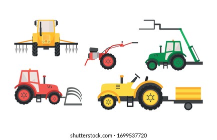 Hand drawn different types of agricultural machinery over white background