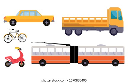 Hand drawn different types of auto and moto vehicles over white background