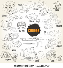 Hand drawn different types of cheese collection, vector illustration