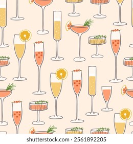 Hand drawn different types of cocktails seamless pattern
