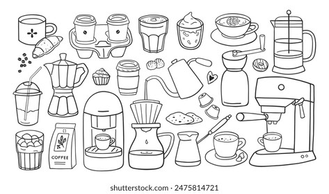 Hand drawn different types of coffee drinks set