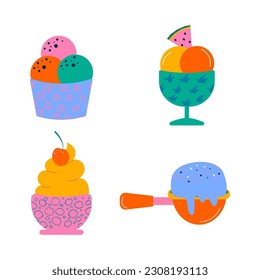 Hand drawn different types of ice cream in a glass flat design