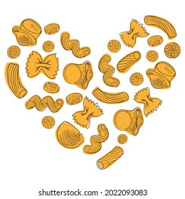 Hand drawn different types of Italian pasta. Vector illustration. Pasta heart