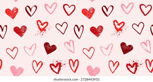 Dibujado a mano diferentes corazones sin fisuras patrón de Vector de repetición. Marcador de pincel tinta linocut grunge textura envejecido corazón angustiado Formas interminables fondo del día de San Valentín. Plantilla de papel de embalaje hecho a mano