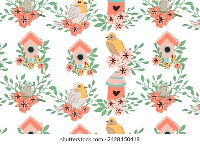 Hand drawn different woodland birds and spring birdhouses with flower pattern. Vector illustration for wallpaper, cover design. 