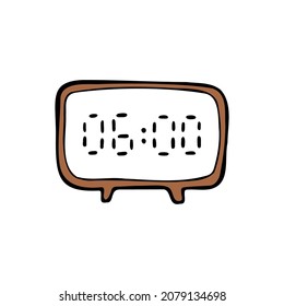 Reloj de alarma digital dibujado a mano. Vector doodle reloj electrónico en color. Marrón y blanco. Números negros.